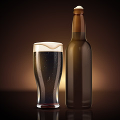 Blank beer bottle with glass cup