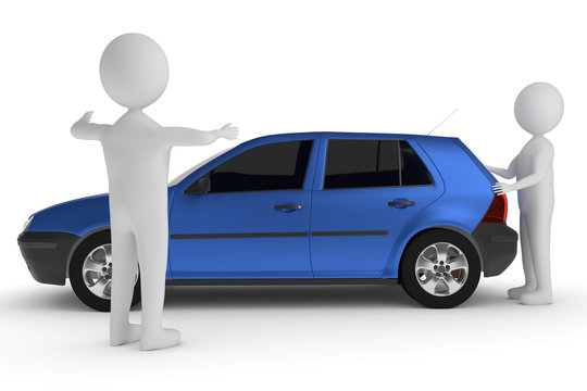 Autopanne. Ein blaues Auto hat eine Panne. Ein 3D - Charakter schiebt den Wagen. Ein anderer zeigt den Abstand an.