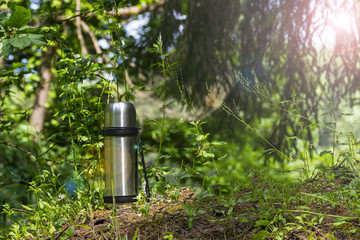 Thermos in the forest on a stump