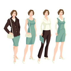 Vector illustration of corporate dress code. Variations look with blue suit, beige dress and blouse, Young women in formal clothes