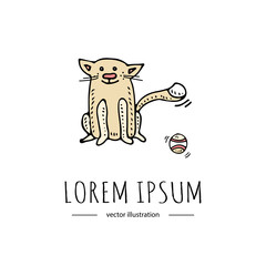 Hand drawn doodle Cute sitting cat playing with ball icon Pets stuff and supply logo Vector illustration. Vet symbol Cartoon cats care, tail, paw, ball, Goods for pet shop