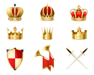 Set Of Realistic Golden Royal Crowns 