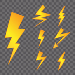Set of Yellow Thunderbolt Symbols. Vector Danger Signs. Electrical Power Silhouettes Icons.