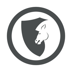 Icono plano cabeza caballo en escudo en circulo color gris