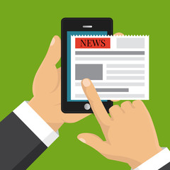 Reading news on screen of smartphone. Hand holding mobile phone with newspaper. Flat design. Vector illustration.