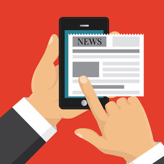 Reading news on screen of smartphone. Hand holding mobile phone with newspaper. Flat design. Vector illustration.