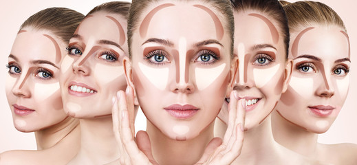 Collage of woman's faces with contouring makeup.