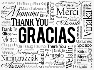 Gracias (Thank You in Spanish) Word Cloud background, all languages, multilingual for education or thanksgiving day