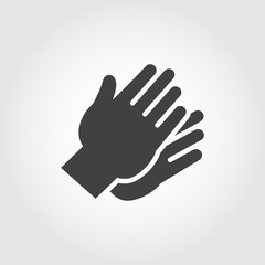Two hands clapping in flat style. Graphic black icon - symbol of applause, praise, greeting. Gesturing human wrist logo on a gray background. Vector illustration