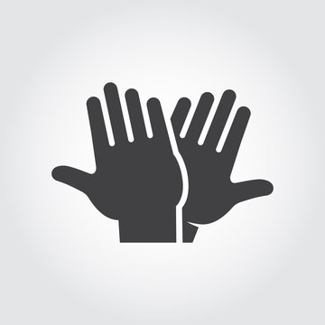 High five icon. Black flat pictograph of two clapping hands - greeting, welcoming, celebrating symbol of successful interaction people. Vector web sign or button. Illustration on gray background