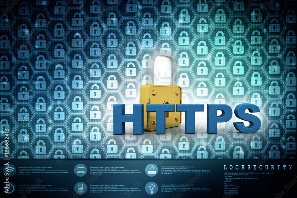 Poster 3d illustration network community concept . lock with http sign