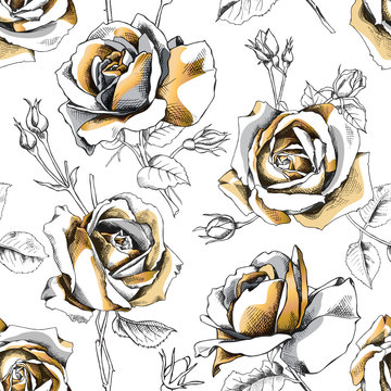 Seamless pattern with image of a gold rose flowers and buds on a white background. Vector illustration.