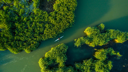 Aerial view Reeds island in the lake on Hungary, Sukoro, Velence.