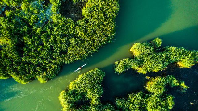 Aerial view Reeds island in the lake on Hungary, Sukoro, Velence. © janossygergely