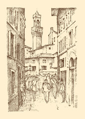 landscape in European town Florence in Italy. engraved hand drawn in old sketch and vintage style. historical architecture with buildings, perspective view. Travel postcard. Palazzo Vecchio.