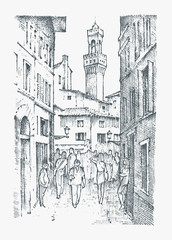 Scene Streets in European town Florence in Italy . engraved hand drawn in old sketch and vintage style. historical architecture with buildings, perspective view. Travel postcard. Palazzo Vecchio.