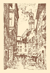 Fototapeta na wymiar Scene Streets in European town Florence in Italy . engraved hand drawn in old sketch and vintage style. historical architecture with buildings, perspective view. Travel postcard. Palazzo Vecchio.