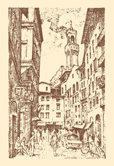 Scene Streets in European town Florence in Italy . engraved hand drawn in old sketch and vintage style. historical architecture with buildings, perspective view. Travel postcard. Palazzo Vecchio.
