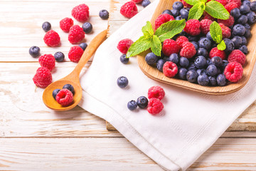 Raspberry, blackberry and blueberry. Healthy food. Top view