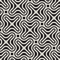 Vector Seamless Black And White Lines Pattern Abstract Background. Cross Shapes Geometric Tiling Ornament.