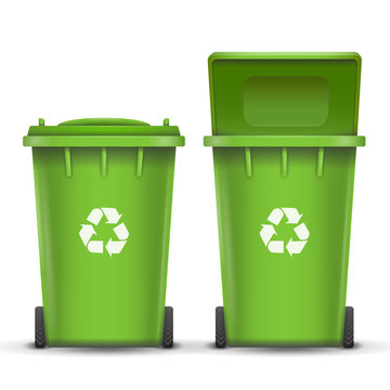 Green Recycling Bin Bucket Vector For Glass Trash. Opened And Closed. Front View. Sign Arrow. Isolated Illustration