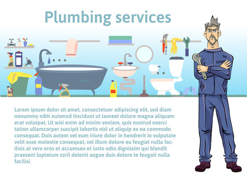 Plumbing services. Plumber man holding a wrench. Vector illustration with copy space, template for advertising flyer brochure or website.