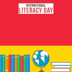 International literacy day banner with books and globe