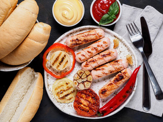 Grilled chicken sausages close up