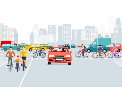 Autos und Radfahrer in der Stadt, Illustration