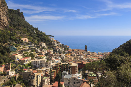 Amalfi and Torre dello Ziro, elevated view from Pontonein spring, Amalfi Coast, Campania