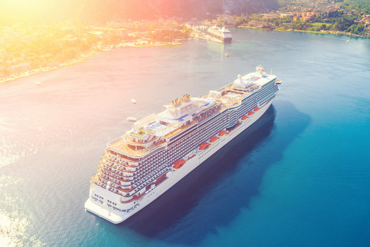 Top view of a beautiful cruise liner in the bay