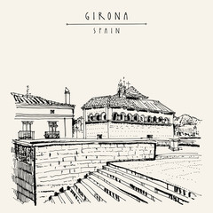Girona, Spain. Historic old town. Vintage travel hand drawn postcard