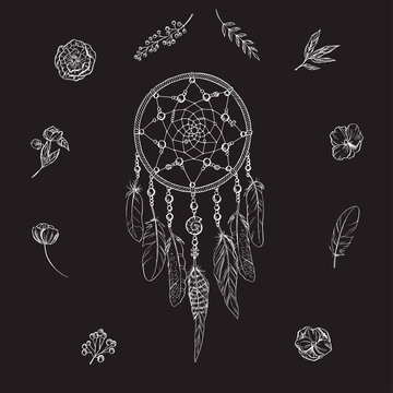 Hand drawn ornate dreamcatcher with flowers, feathers, leaves and branches in contour on black background. Ethnic tribal element. Vector illustration