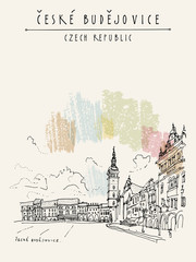 Naklejka premium Ceske Budejovice (Budweis), Bohemia, Czech Republic.Travel hand drawn vintage touristic postcard