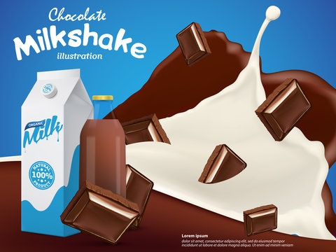 Cocoa Milkshake illustration with chopped chocolate and milk splash vector template