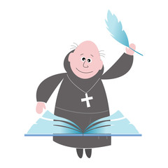 Monk flat avatar icon. Book and quill. White background. Isolated.