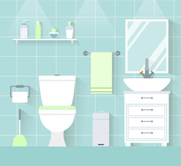 Naklejka na ściany i meble Interior toilet in a flat style. Vector illustration. WC with furniture.