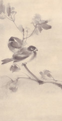 Birds on a tree autumn landscape ink painting