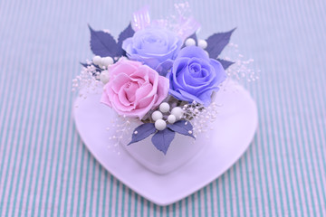 A Gift of Preservrd Flower and Clay Flower Arrangement, Blue and Pink Roses