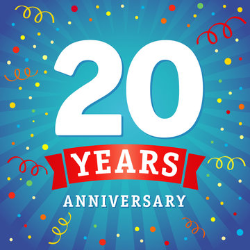 20 years anniversary logo celebration card. 20th years anniversary vector background with red ribbon and colored confetti on blue flash radial lines