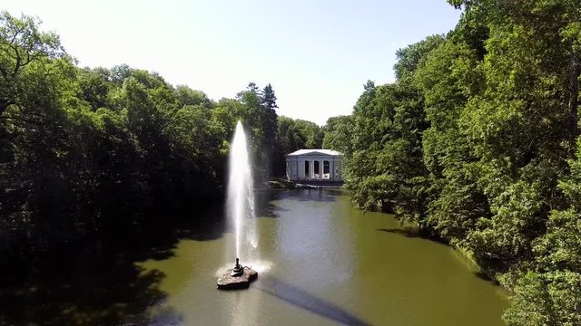 Aerial view of the national dendrological park Sofiyivka. View of the Snake Fountain and Flora Pavilion