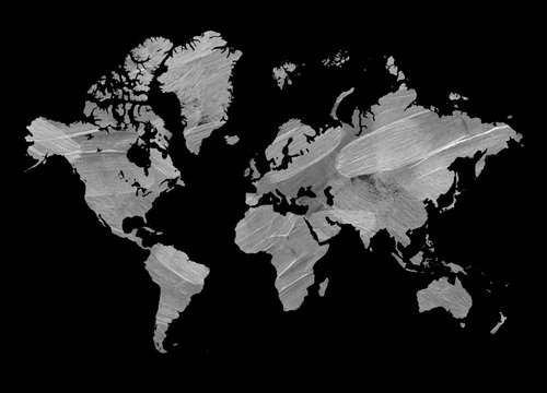 Horizontal vintage map of the world. Texture of the brushstroke. The black background.