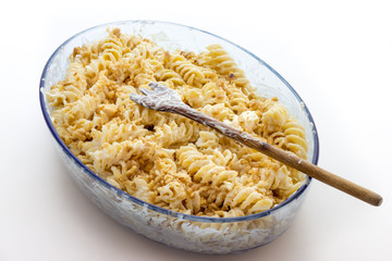 Fusilli pasta with sauce and nuts