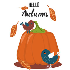 Fototapeta premium Hello autumn. Pumpkin, surrounded by birds and autumn leaves. cartoon. Greeting card, banner, background. Vector. Doodle.