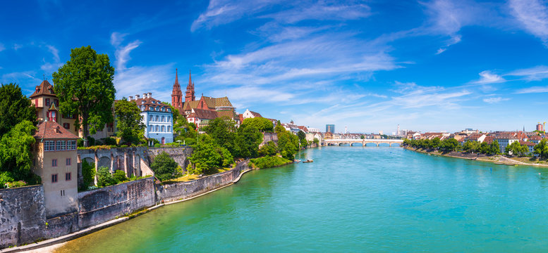 The Old Town of Basel with red stone Munster cathedral and the Rhine river, Switzerland.