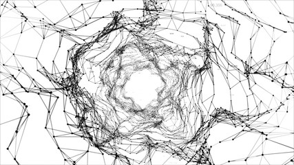 Fototapeta premium Abstract black and white space background, geometry surfaces, lines and points. Abstract tunnel grid. Can be used as digital dynamic wallpaper, technology background. 3d illustration