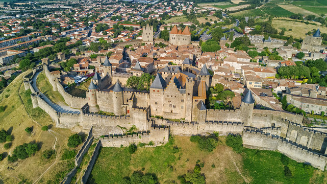 Aerial top view of Carcassonne medieval city and fortress castle from above, Sourthern France
