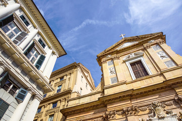 Fototapeta na wymiar Genova colorful buildings church piazza giacomo matteotti liguria vivid italy Genoa architecture
