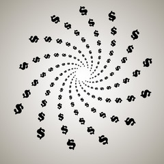 Swirl, vortex background. Rotating spiral. Pattern of a whirling of hearts. Icon, symbol, currency, dollar, money, business, finance