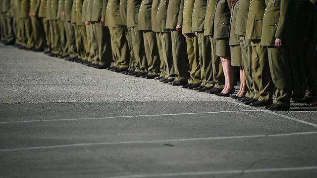 Detail with soldiers in uniforms standing in formation during military ceremony